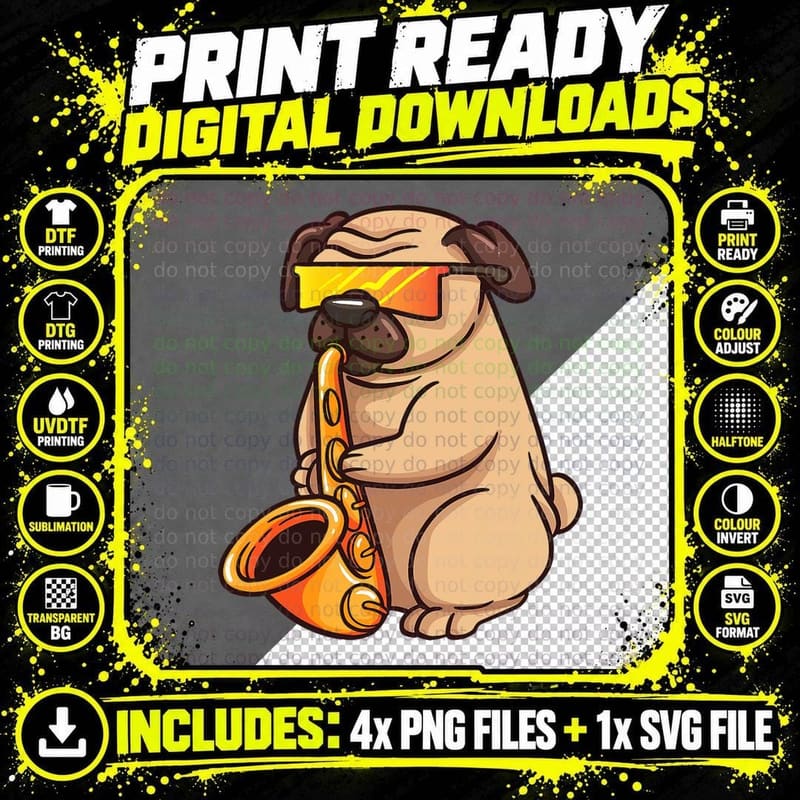 Saxophone Player Pug Jazz Band Music and Dog Lovers Gift Png SVG Digital Bundle