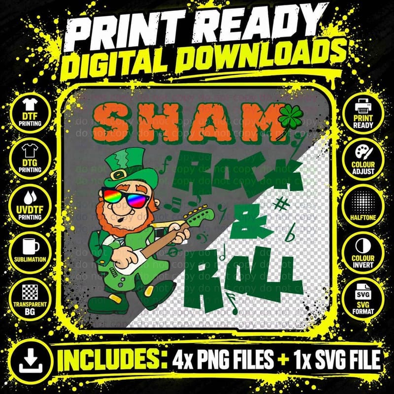 Shamrock Rock & Roll T-Shirt, St Patricks Day Png SVG Digital Bundle