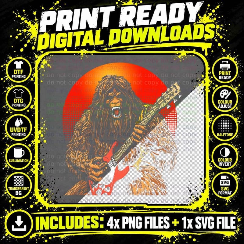 Shredsquatch Bigfoot Heavy Metal Electric Guitar Rock & Png SVG Digital Bundle