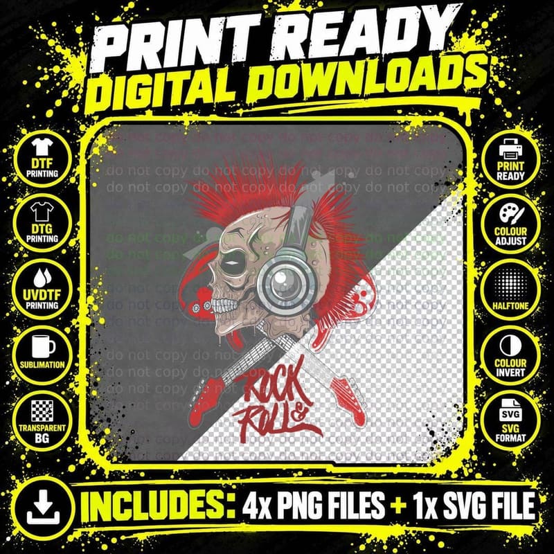 Skull Rock and Roll T-Shirt, Gothic Rock Style Png SVG Digital Bundle