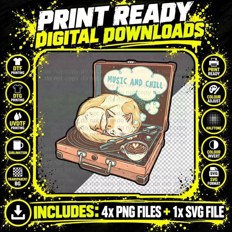 Sleeping Cat on Vinyl Record Player Png SVG Digital Bundle