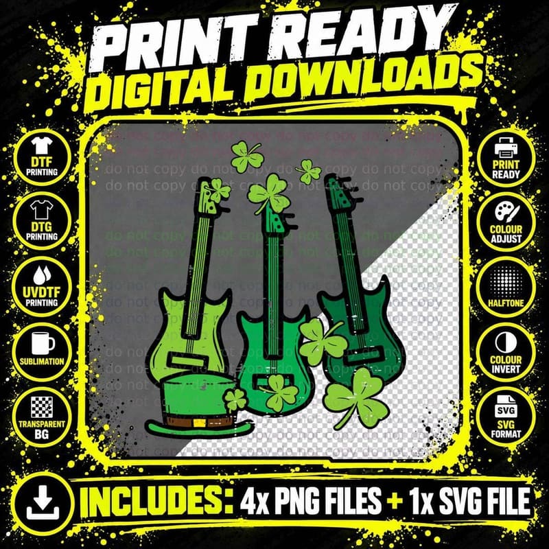 St Patrick Day Rocker Guitar Saint Paddys Band Men Boys Png SVG Digital Bundle