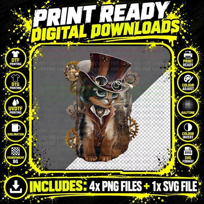 Steampunk Cat Kitten Hat Goggles Vintage Steam Punk Art Png SVG Digital Bundle