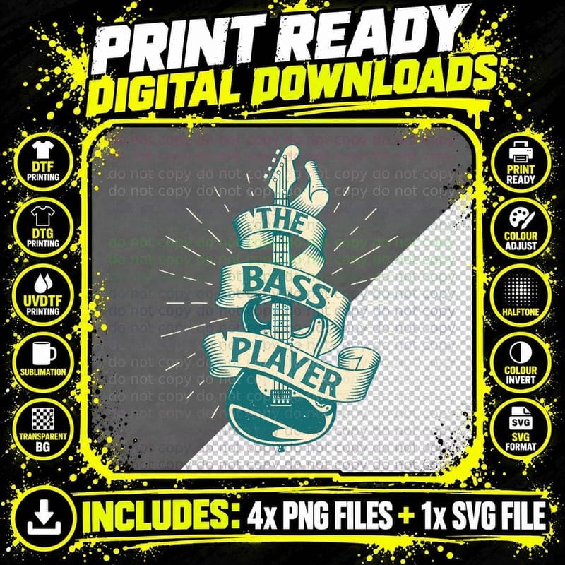 The Bass Player - Bassist Bass Guitar Guitarist Musician Png SVG Digital Bundle