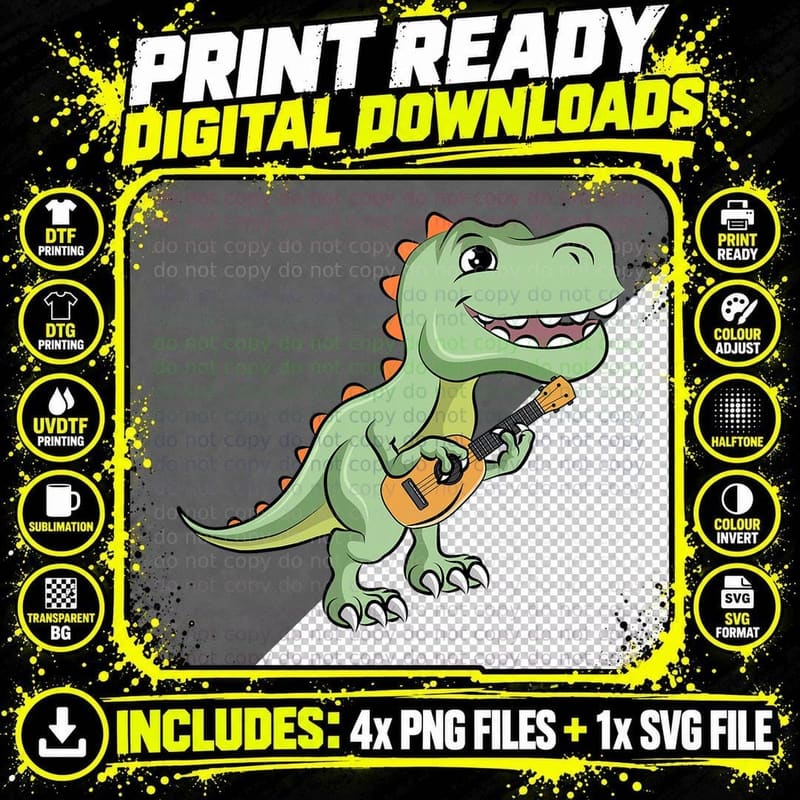 Ukulele Dinosaur Playing Guitar Instrument T-Shirt Png SVG Digital Bundle