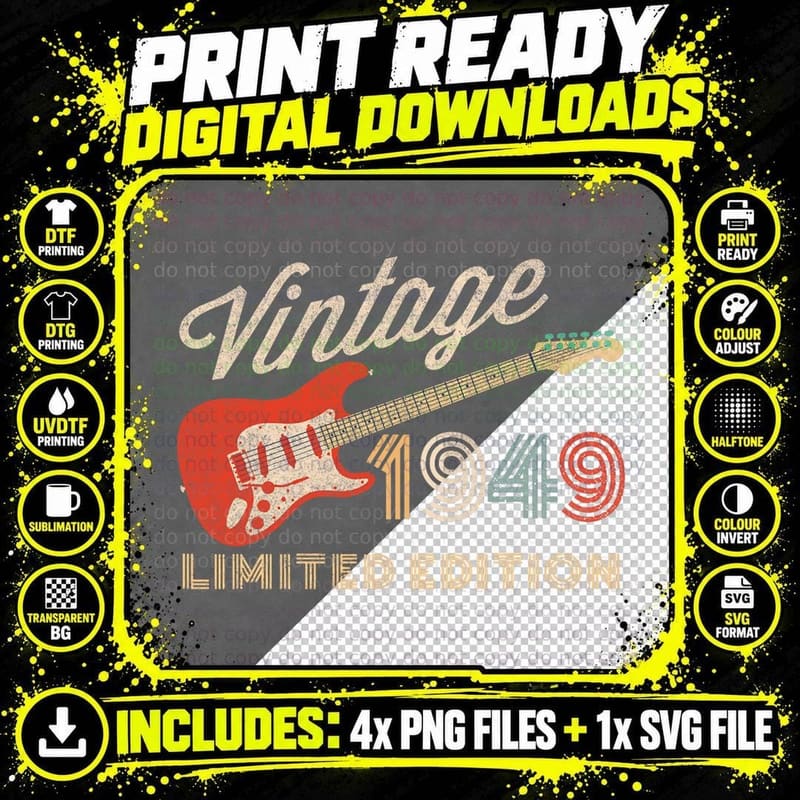 Vintage 1949 Limited Edition Guitar Year of Birth Png SVG Digital Bundle