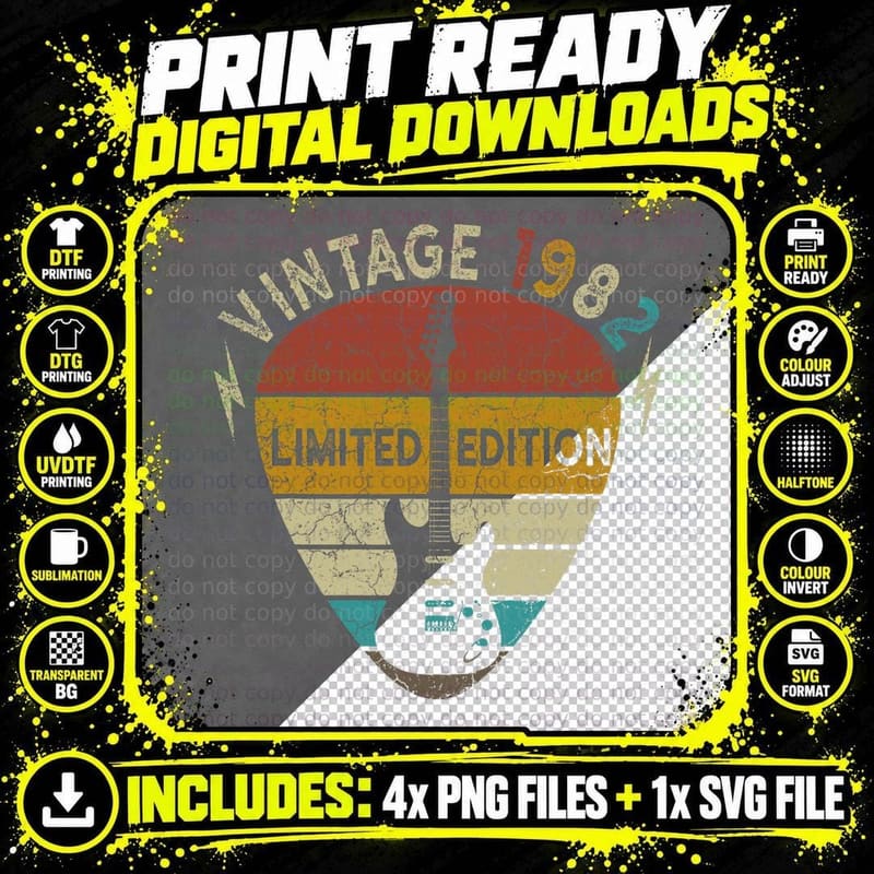 Vintage 1982 Guitar Lover T-Shirt, Limited Edition Png SVG Digital Bundle