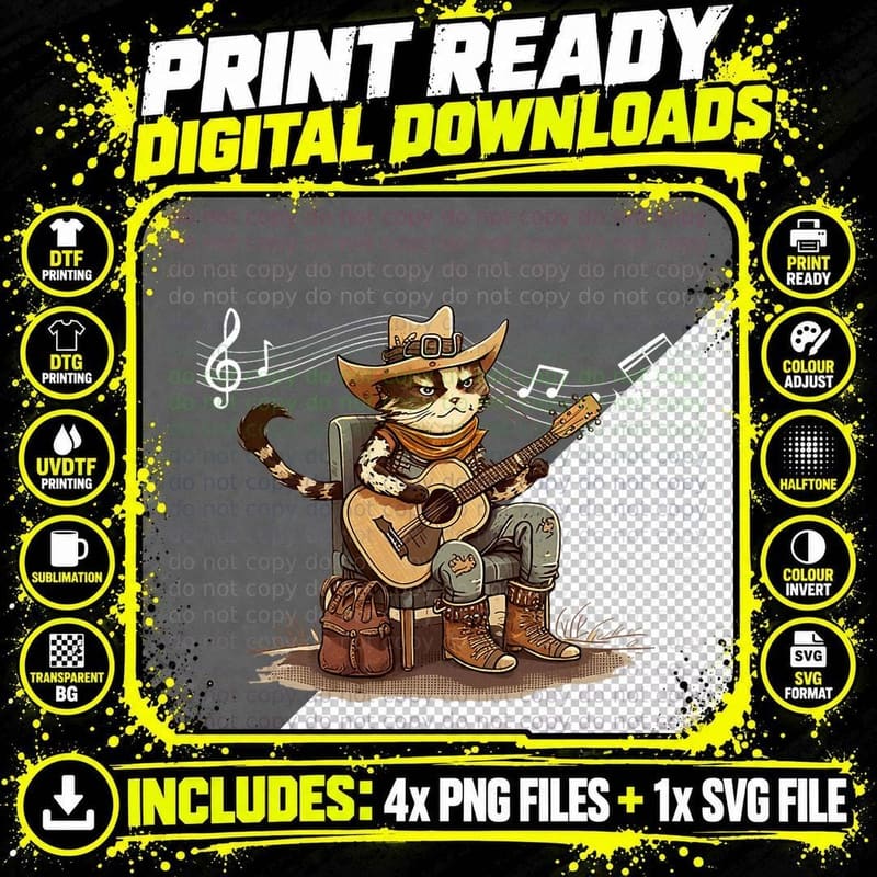 Vintage Funny Cat Wearing Hat Playing Acoustic Music Png SVG Digital Bundle