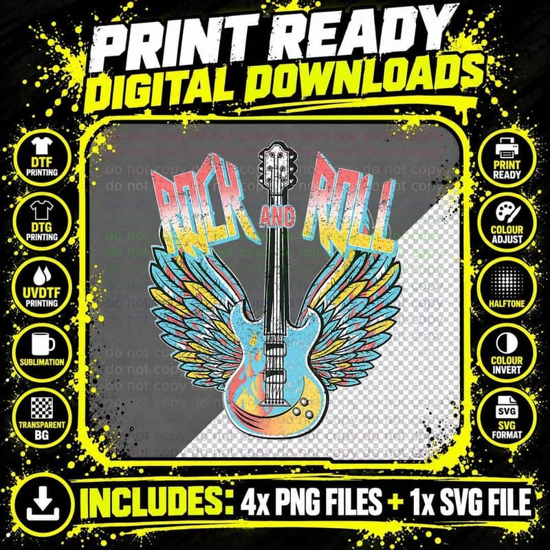 Vintage Retro 80s Rock & Roll Music Electric Guitar Png SVG Digital Bundle