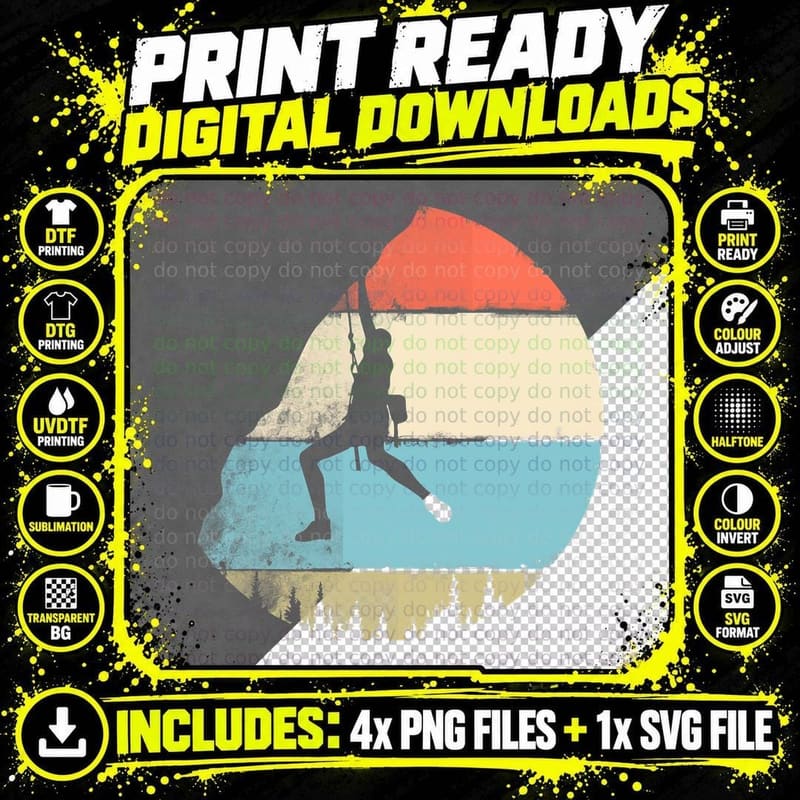 Vintage Style Rock Climbing Retro Bouldering Climber Png SVG Digital Bundle