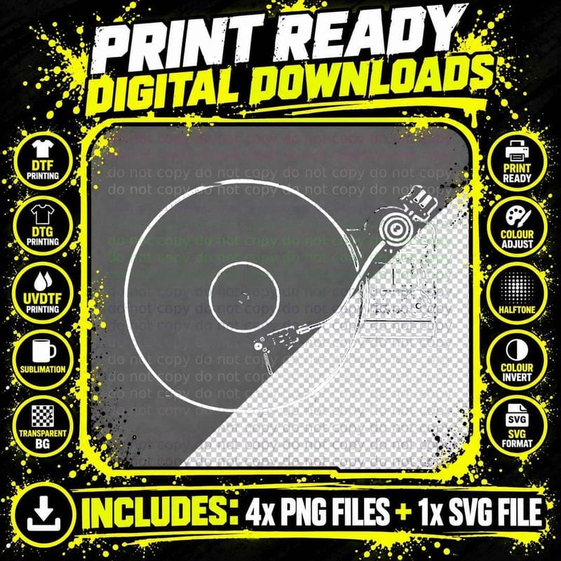 Vinyl Record Player Sketch Drawing T-Shirt Png SVG Digital Bundle