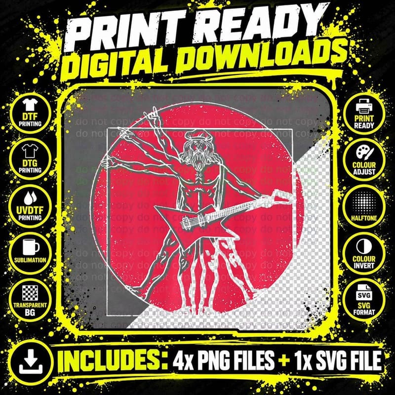 Vitruvian Man Guitar Player Musician Guitarist Bassist Png SVG Digital Bundle
