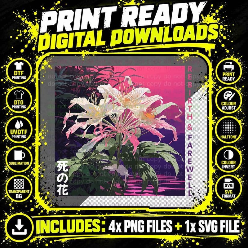 White Spider Lily in Japanese Grunge Anime Floral Png SVG Digital Bundle