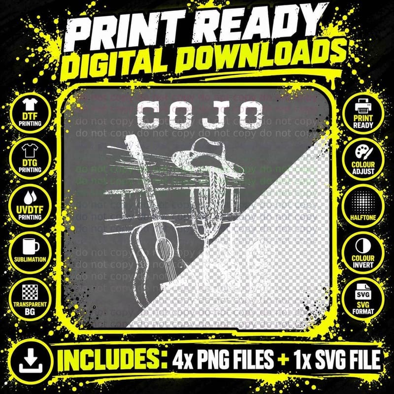 White and Black Cojo Guitar Music Love Cowboy Boots Hat Png SVG Digital Bundle