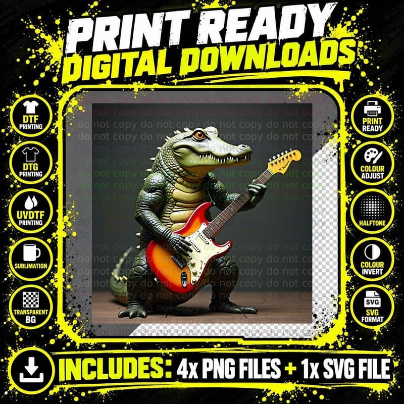 Alligator Playing Electric Guitar Funny Music Rock & Png SVG Digital Bundle