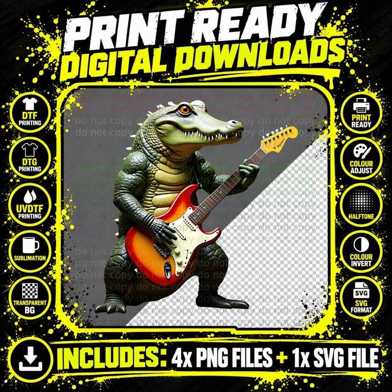 Alligator Playing Guitar Funny Cartoon Music Rock T-Shirt Png SVG Digital Bundle