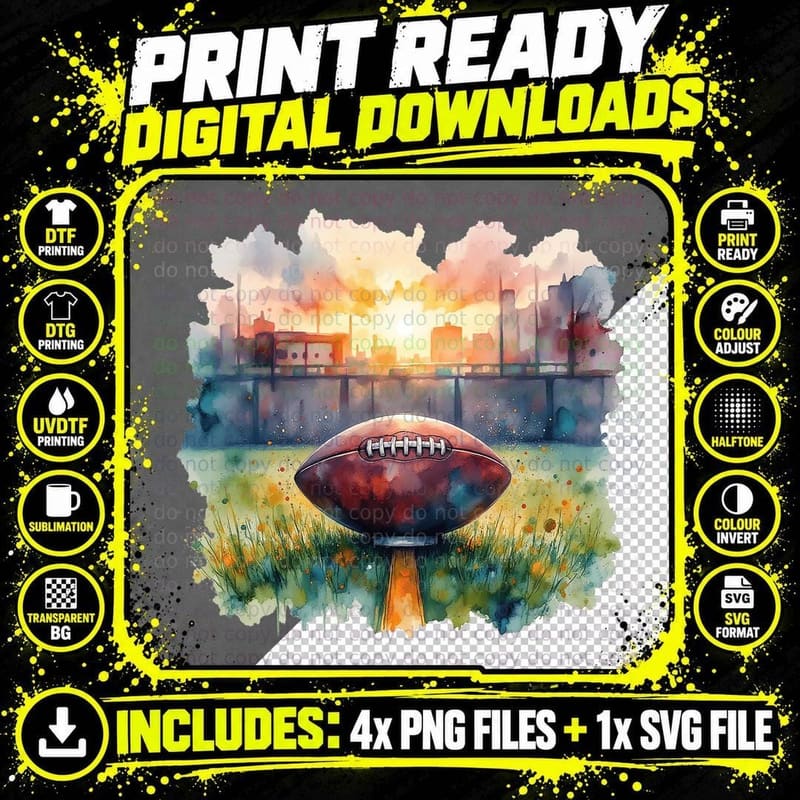 American Football Field Goal Sunset Cityscape Grunge Png SVG Digital Bundle