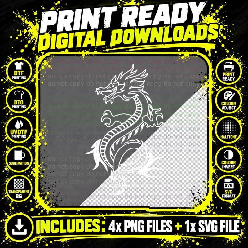 Asian Tribal Dragon - Aesthetic Soft Grunge Clothing Png SVG Digital Bundle