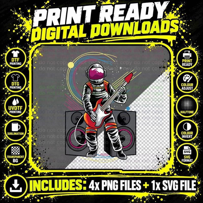 Astronaut Playing Bass Guitar Electric Guitarist Png SVG Digital Bundle