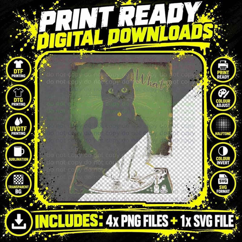 Black Cat, Sitting on Vinyl Record Player Women Png SVG Digital Bundle