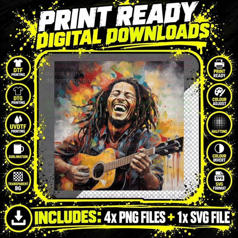 Bob Marley Painted Portrait, Acoustic Guitar Splatter Png SVG Digital Bundle