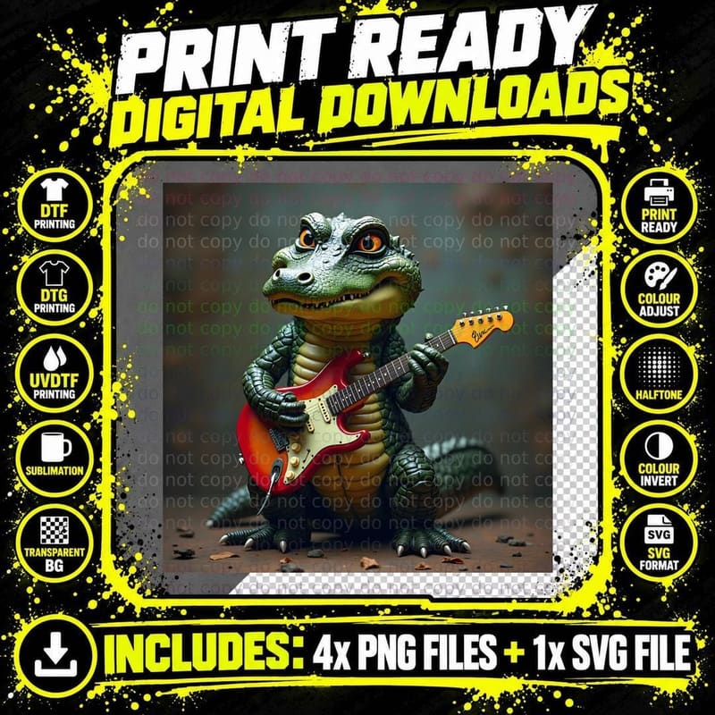 Cartoon Alligator Sitting Playing Electric Guitar Rock Png SVG Digital Bundle