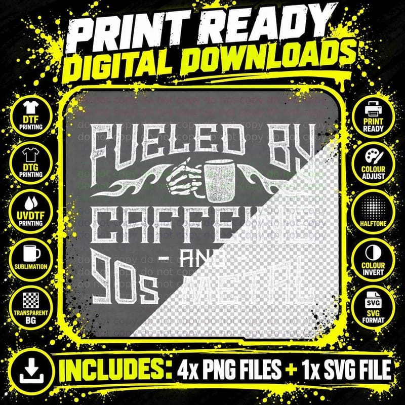 Coffee Heavy Metal Fueled by Caffeine and 90s Metal Png SVG Digital Bundle