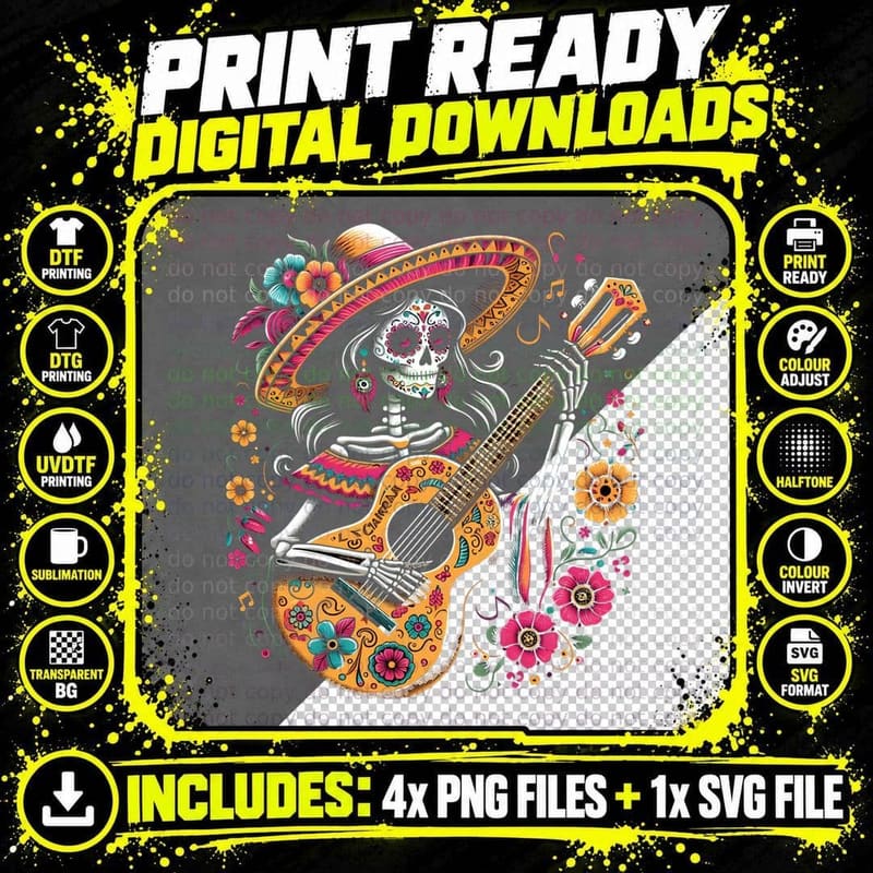 Colorful La Catrina Guitar Dia De Los Muertos Mexican Png SVG Digital Bundle