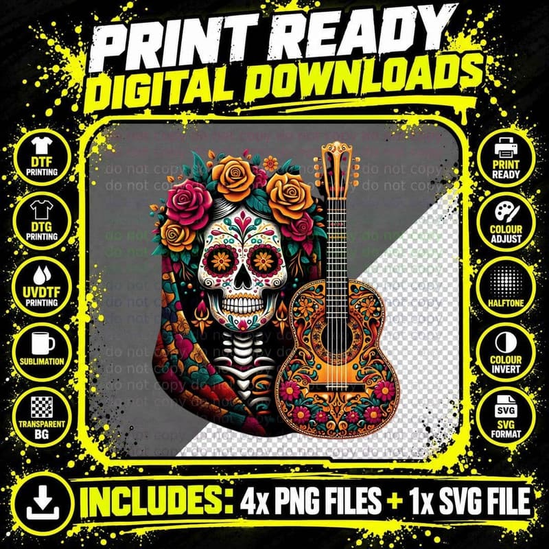 Colorful La Catrina Skull Guitar Dia De Los Muertos Png SVG Digital Bundle