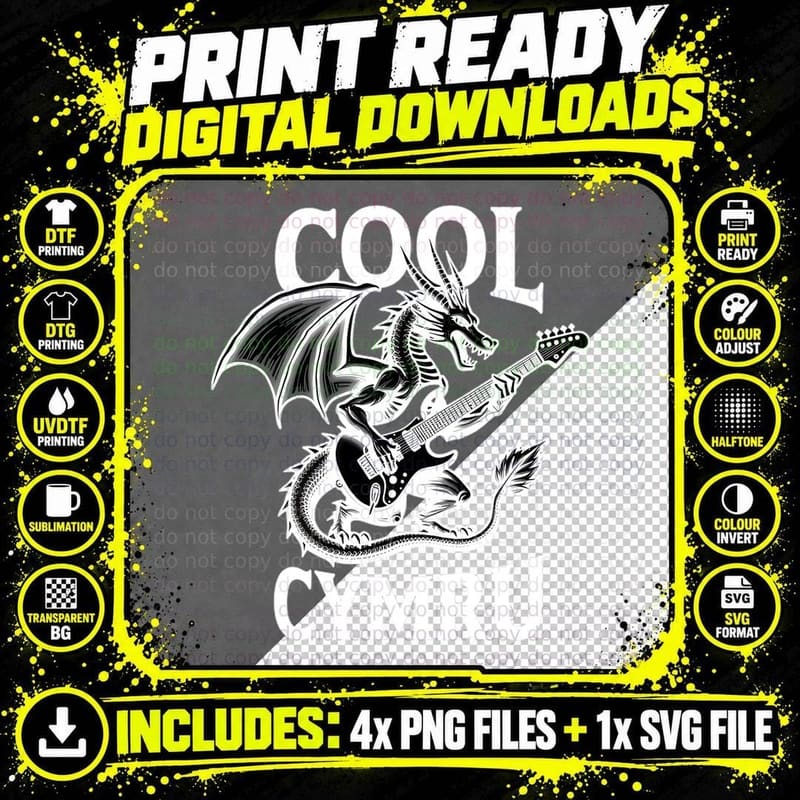 Cool Cymru Dragon Guitar Welsh Rock Music Black Line Art Png SVG Digital Bundle