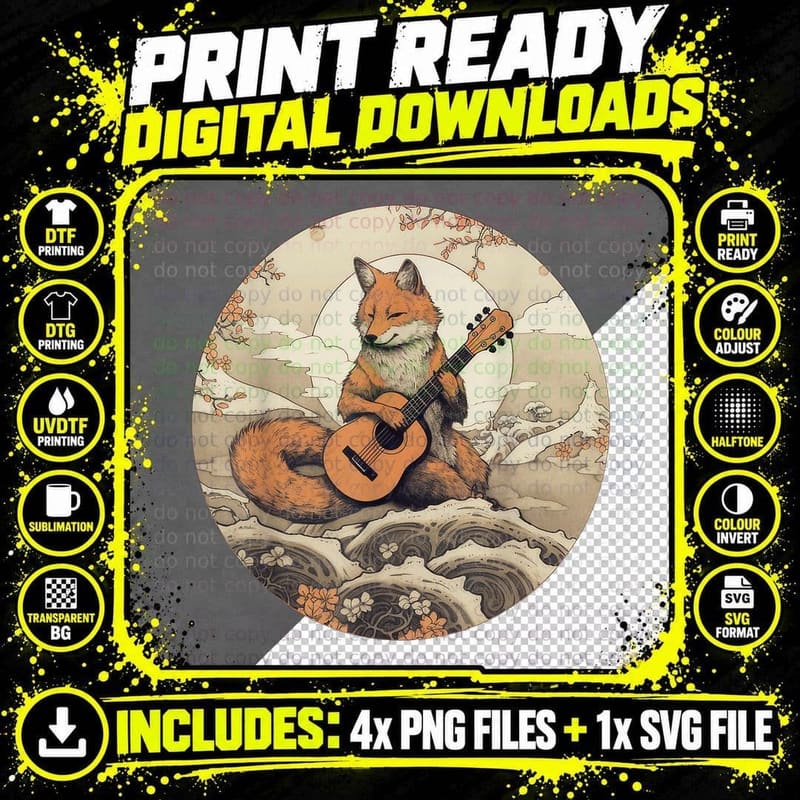 Cottagecore Fox Aesthetic Floral Fox Playing Guitar Png SVG Digital Bundle