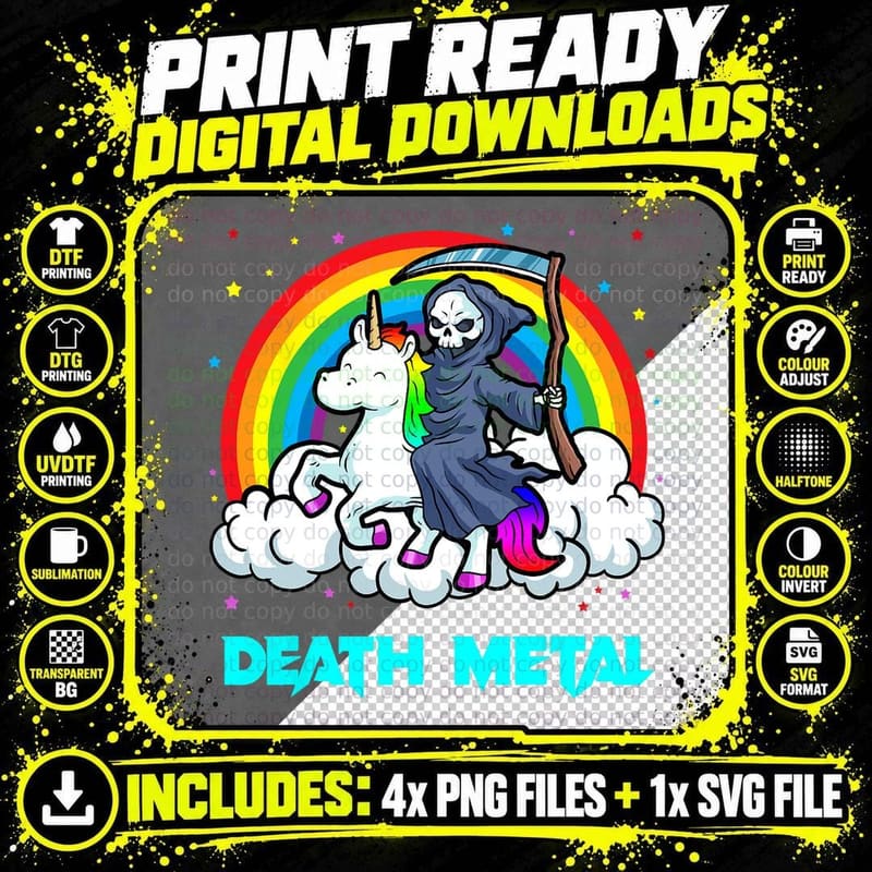 Death Metal Shirts Unicorn Rainbow Grim Reaper Heavy Png SVG Digital Bundle
