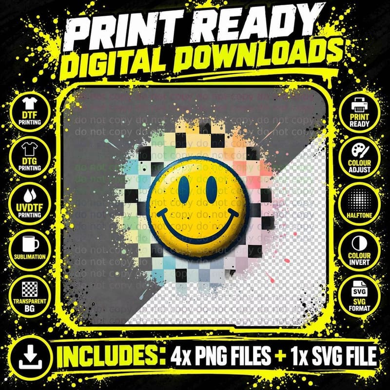 Distressed Smiley Face Pastel Checkered Pattern Retro Png SVG Digital Bundle