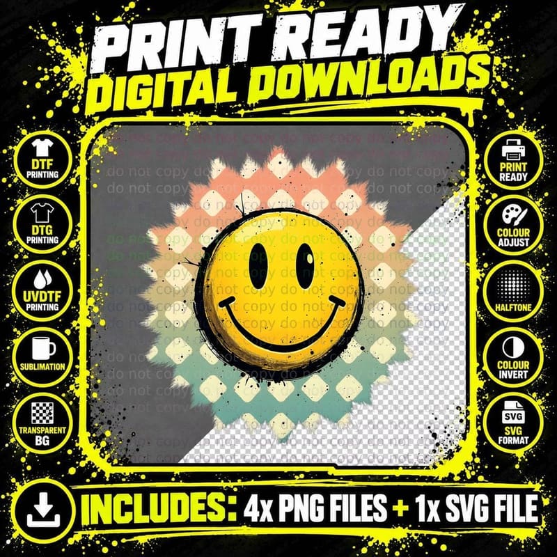 Distressed Smiley Pastel Checkered Pattern Retro Grunge Png SVG Digital Bundle