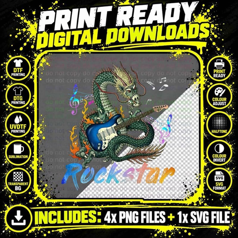 Dragon Rock Star Guitar Rockin' Music Singer Tee Png SVG Digital Bundle