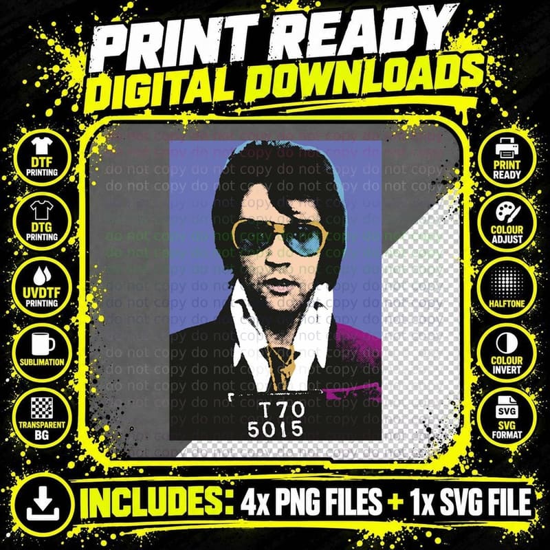 Elvis Mugshot Pop Art T-Shirt, Purple Sunglasses Png SVG Digital Bundle