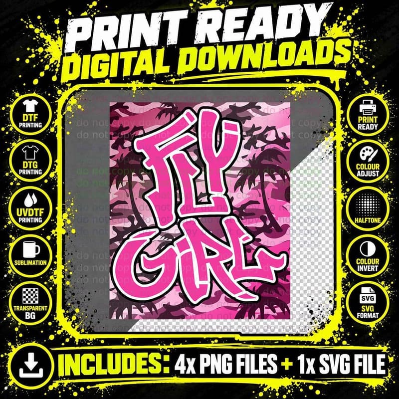 Fly Girl Graffiti Tag, Pink Camo Old School Png SVG Digital Bundle