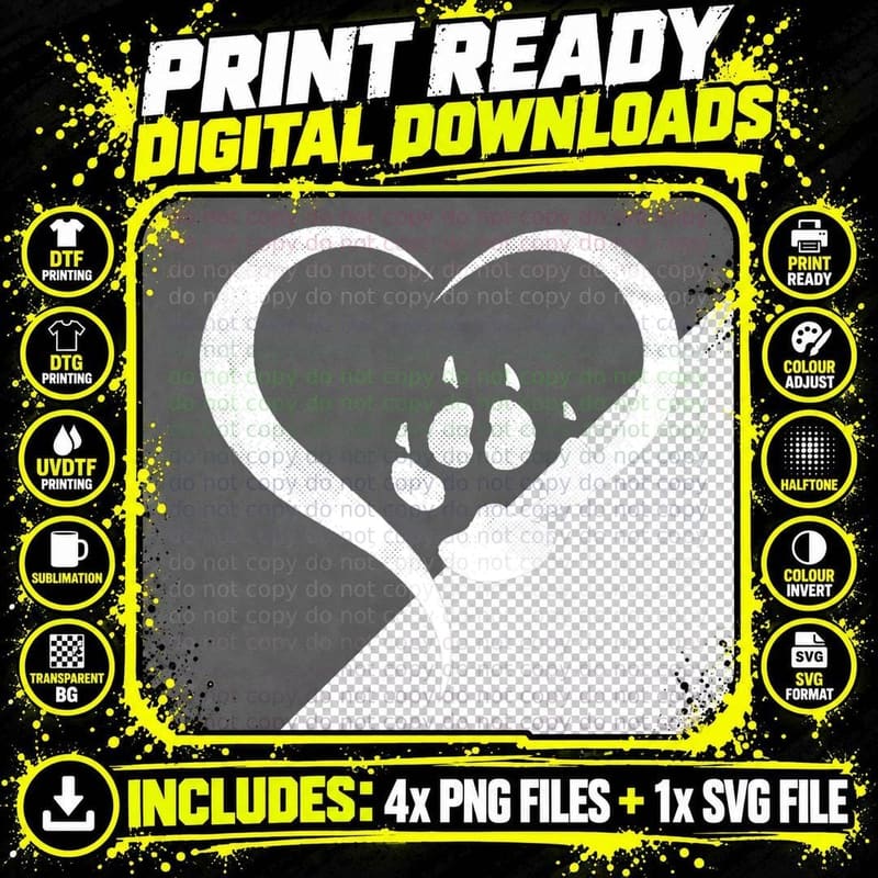 For the Love of My Cat - White Heart & Cat Paw - Grunge Png SVG Digital Bundle
