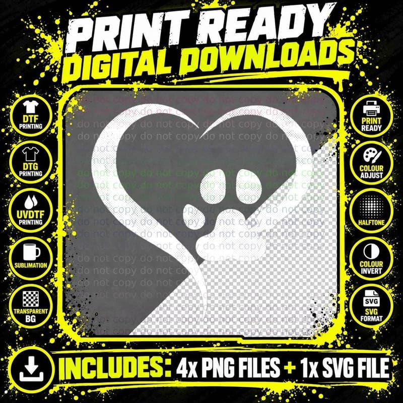 For the Love of My Dog - White Heart & Dog Paw - Grunge Png SVG Digital Bundle