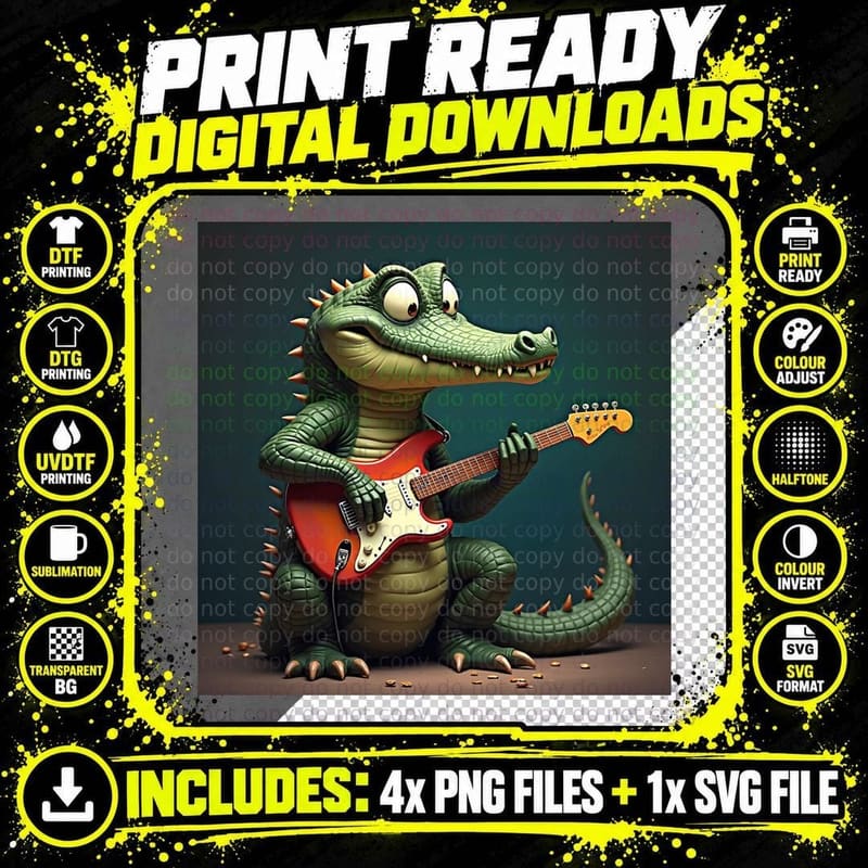 Funny Alligator Playing Guitar Rock & Roll Music T-Shirt Png SVG Digital Bundle