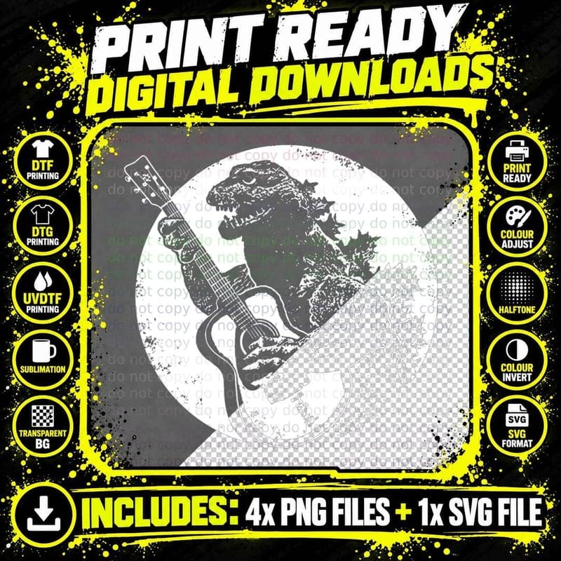 Funny Dinosaur Guitar Playing Acoustic Elecrtic Cool Png SVG Digital Bundle