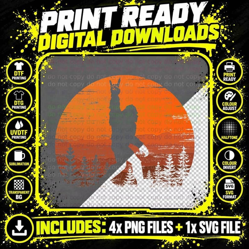 Funny Retro Bigfoot Rock Roll Forest Sasquatch Believers Png SVG Digital Bundle