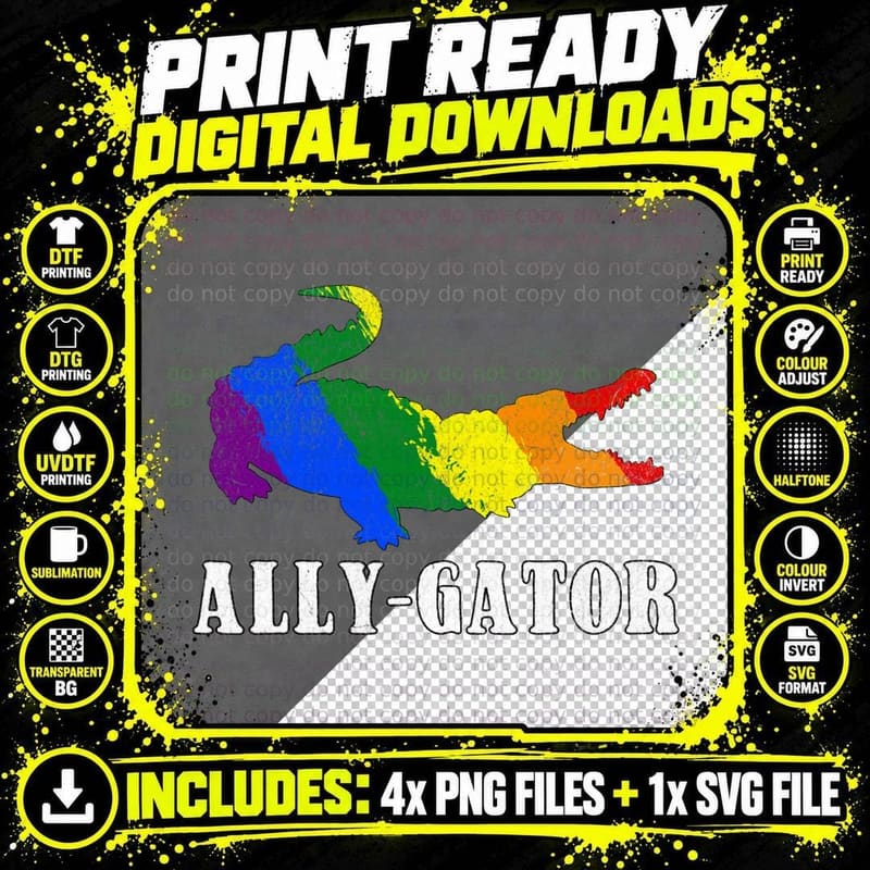 Gay Pride Ally Alligator Ally-Gator Pun Rainbow Retro Png SVG Digital Bundle