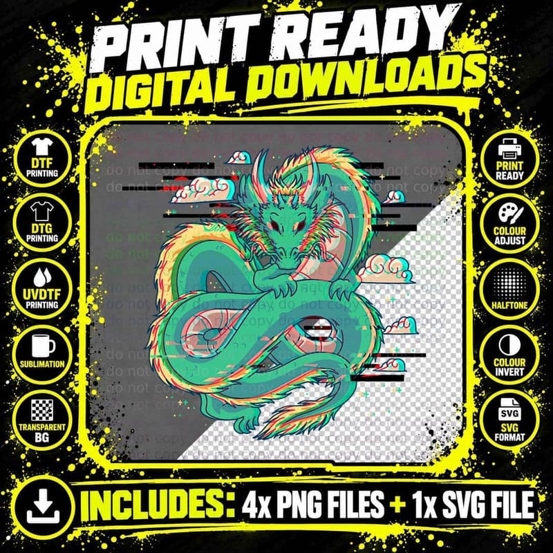 Grunge Dragon Glitch Dragon Aesthetic Style Japan Png SVG Digital Bundle