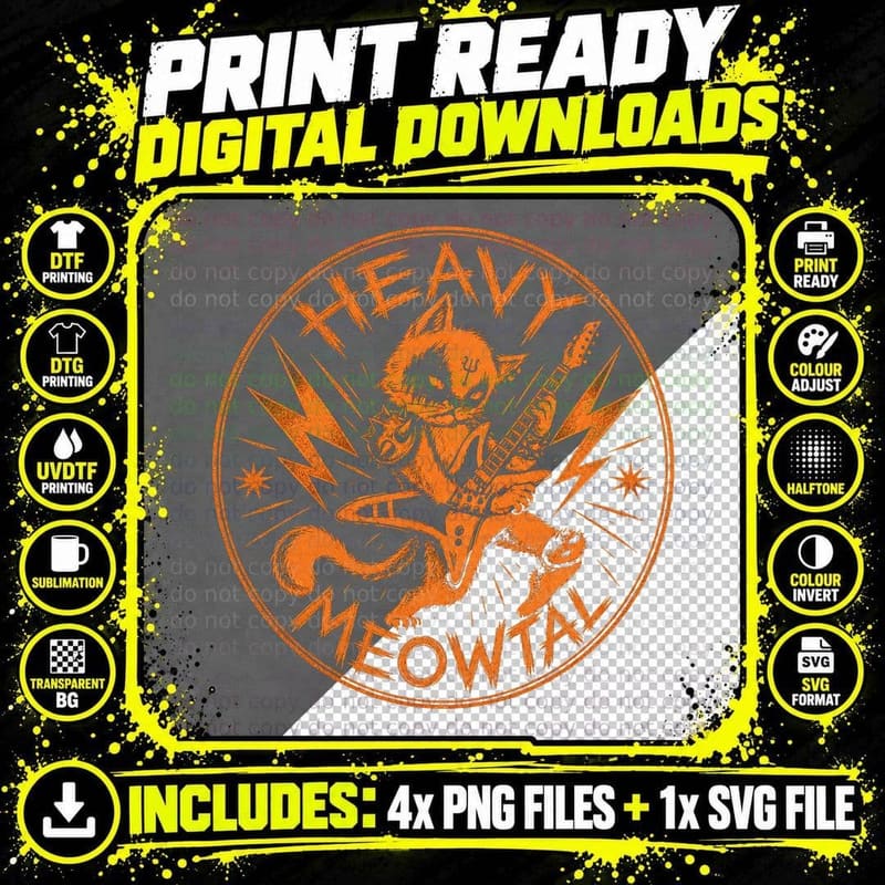 Heavy Meowtal Cat Badge T-Shirt Funny Metal Rock Music Png SVG Digital Bundle