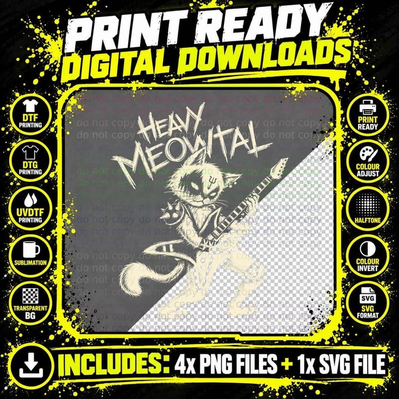 Heavy Meowtal Cat Guitar T-Shirt Funny Metal Rock Band Png SVG Digital Bundle