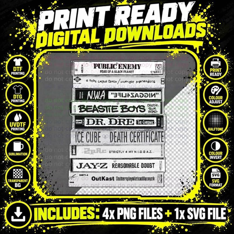 Hip Hop Artists Cassettes Tee - Old School Rap T-Shirt Png SVG Digital Bundle