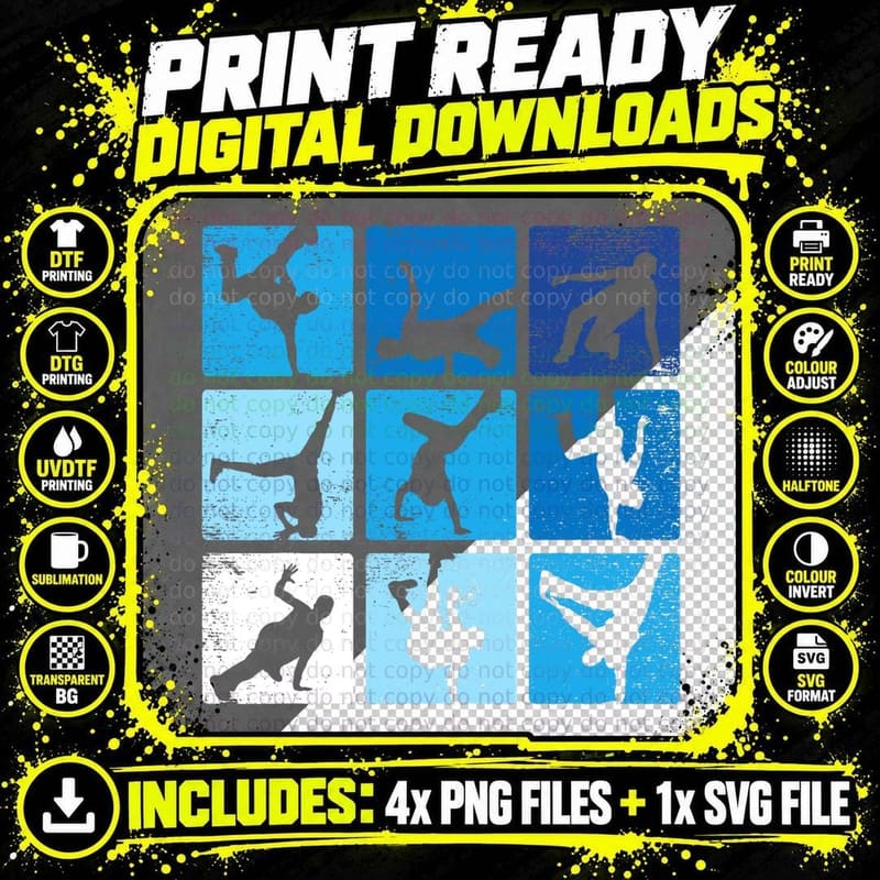 Hip Hop Breakdance Silhouettes, Nine Pose Grid Png SVG Digital Bundle