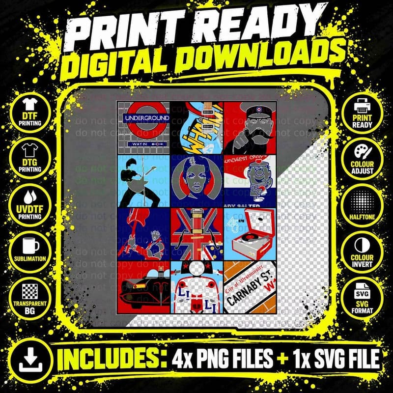 Iconic British Mod Pop Art Grid, Underground Guitar Png SVG Digital Bundle