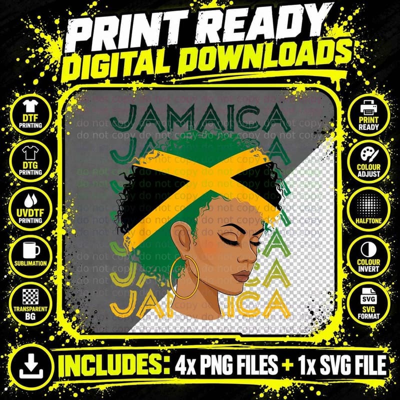 Jamaica Flag Black Girl Hair, Reggae Pride Hoop Earrings Png SVG Digital Bundle